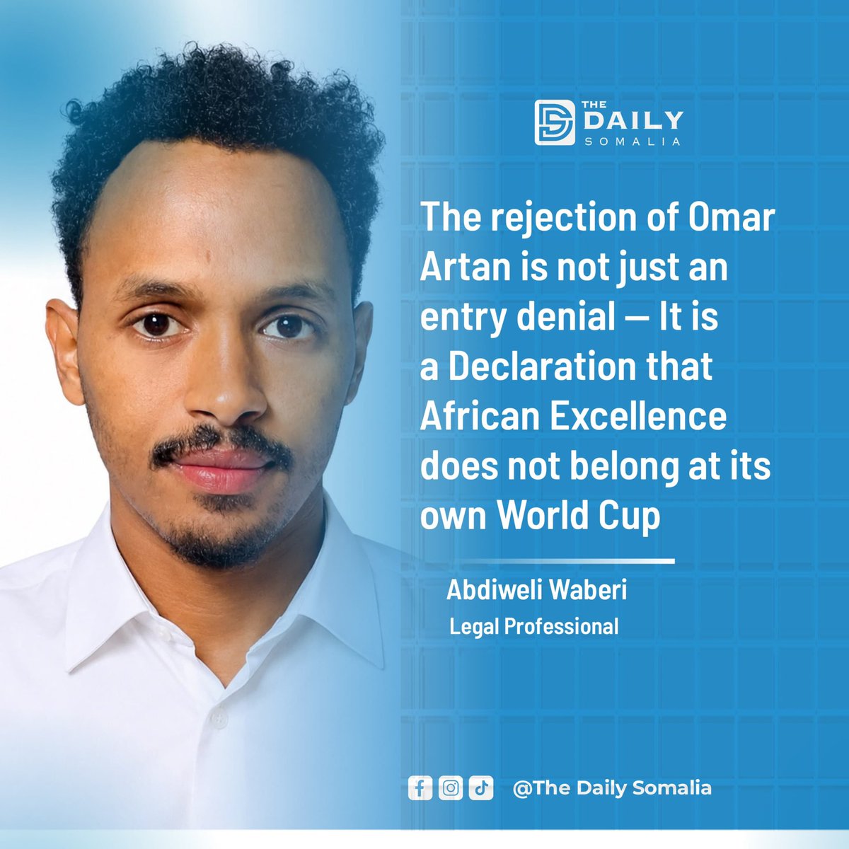 TheDailySomalia's tweet photo. “ The rejection of Omar Artan is not just an entry denial — it is a declaration that African excellence does not belong at its own World Cup.”—OP-ED, by @A_Waberi.

Read full article⤵️
https://t.co/nIeSBJsd2Q https://t.co/Th75cE5c9b