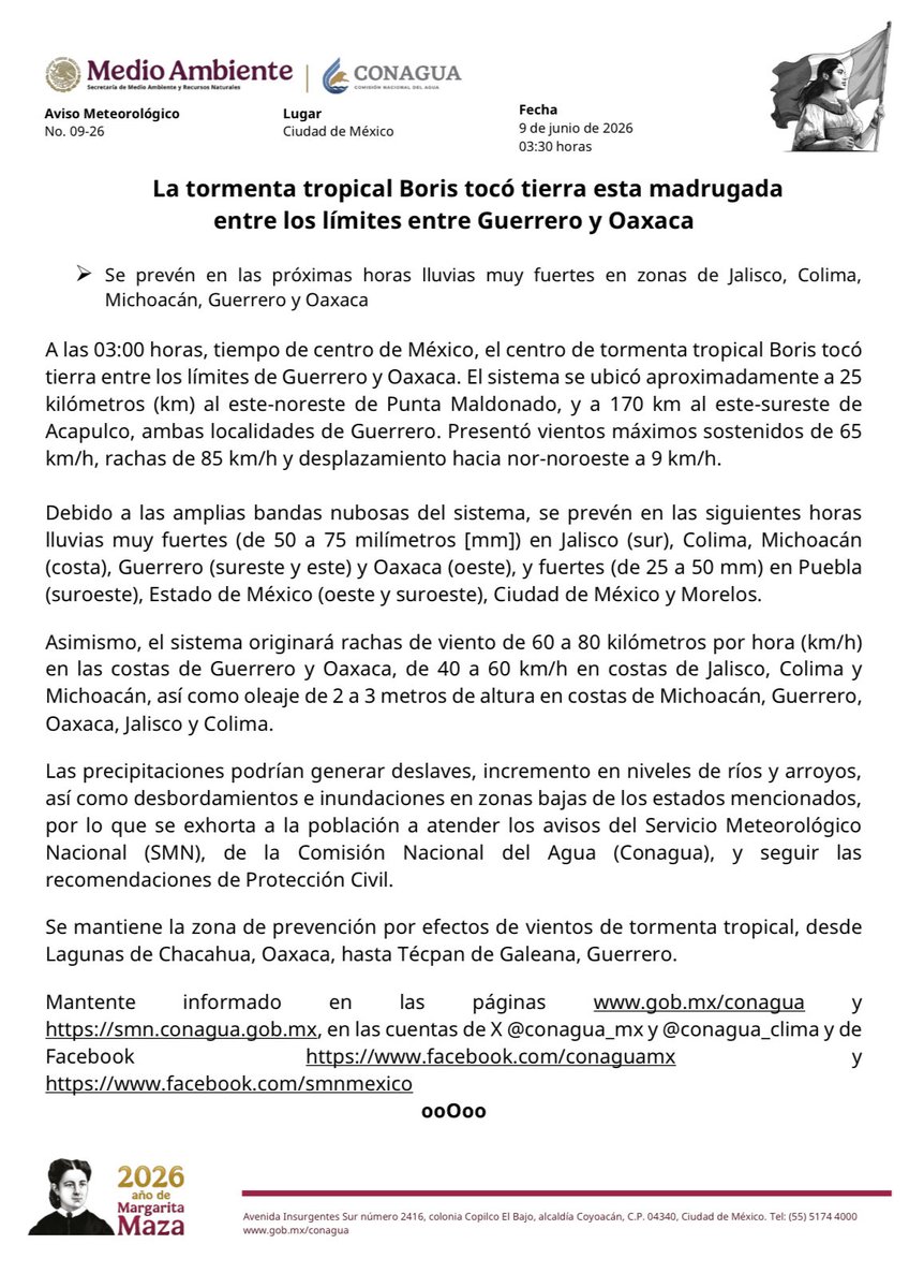 conagua_mx's tweet photo. #AvisoMeteorológico 

El @GobiernoMX informa que la #TormentaTropical Boris tocó tierra esta madrugada entre los límites de Guerrero y Oaxaca.

Se prevén lluvias muy fuertes en esos estados y en zonas de Jalisco, Colima y Michoacán.

Más información: https://t.co/5Nz5JvD8hK https://t.co/ZTcSn9KGFl