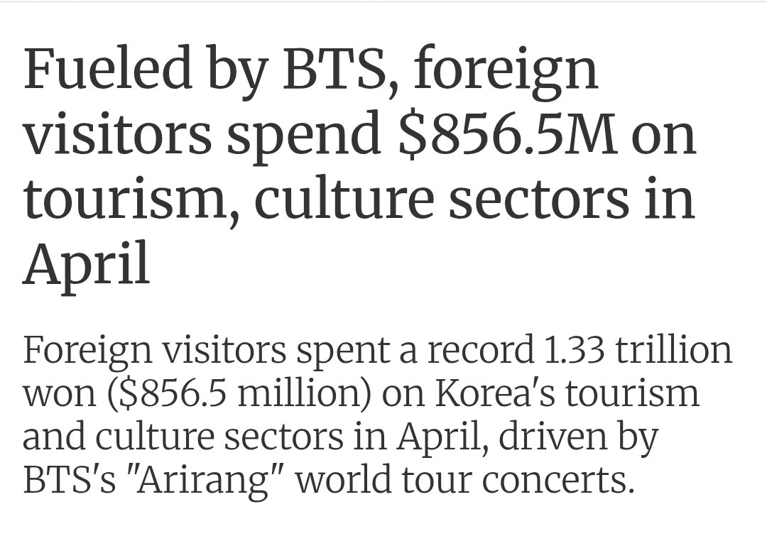 cestlavie9090's tweet photo. Foreign visitors traveling in Korea spent a record high of 1.3 trillion won ($856.5 million) on tourism and culture-related activities in April, a month that saw #BTS_ARIRANG concerts draw a wave of overseas fans to the country.  21.7% increase from the previous month. https://t.co/tP48NBlJ0c