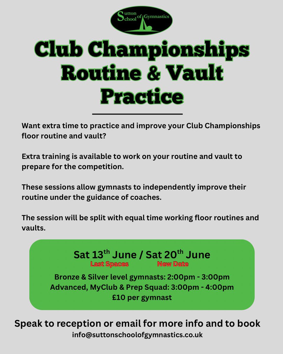 SuttonGymnastic's tweet photo. Want some extra practice before the Club Championships?

Sat 13th June / Sat 20th June
Bronze &amp; Silver level gymnasts 2:00pm - 3:00pm
Advanced, MyClub &amp; Prep Squad 3:00pm-4:00pm
£10 per gymnast

Speak to reception or email info@suttonschoolofgymnastics.co.uk to book
💚🖤 https://t.co/yAqIf2PFTN