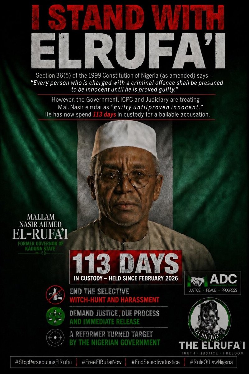 YasirMuhammad73's tweet photo. JUSTICE IS NOT A CRIME. 

STAND WITH ELRUFAI.

Free ElRufai. 
Free ElRufai. 
Free ElRufai. 
Free ElRufai. 
Free ElRufai. 
Free ElRufai. 
Free ElRufai. https://t.co/lU31RkySCS