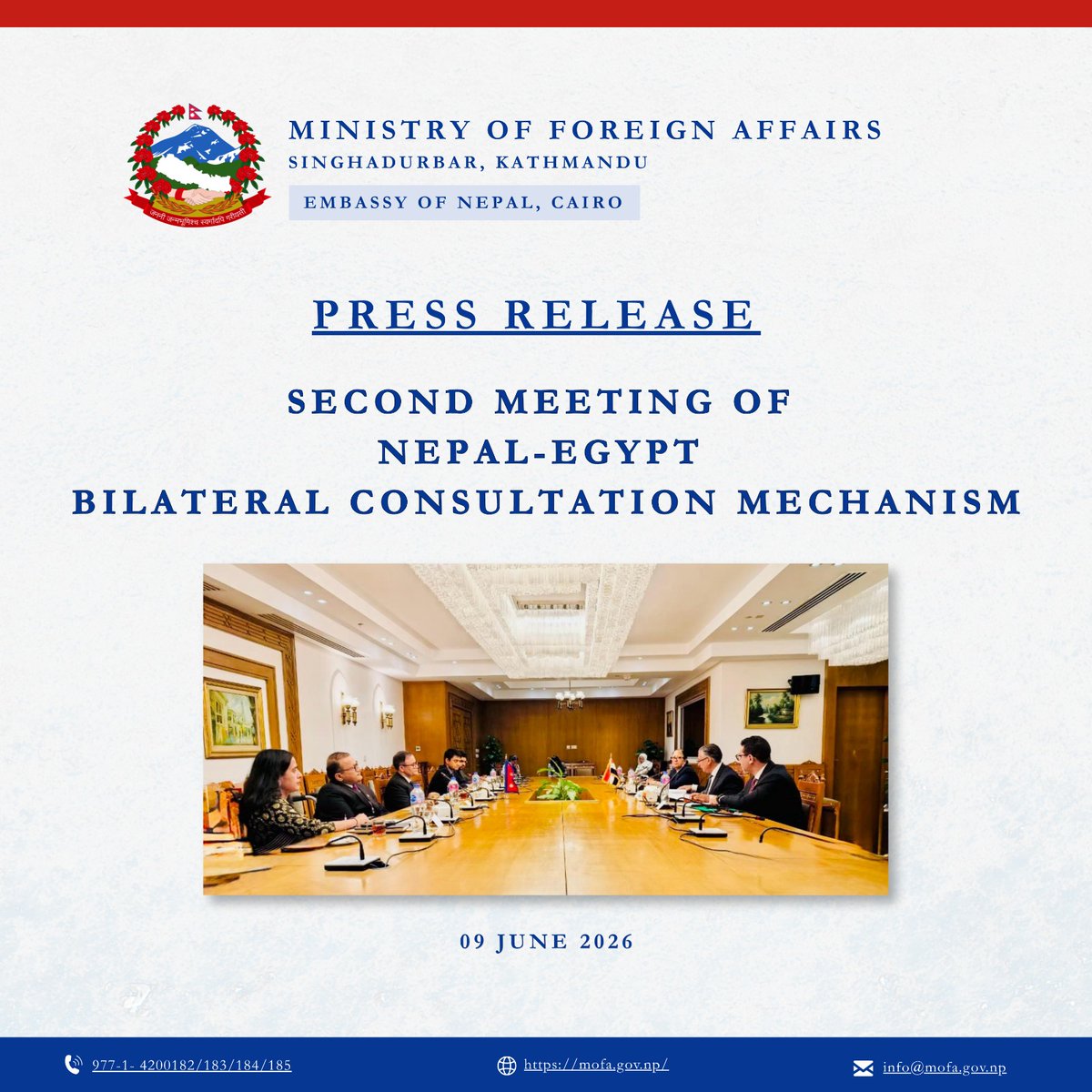 MofaNepal's tweet photo. Press Release- Second Meeting of Nepal-Egypt Bilateral Consultation Mechanism

🔗: https://t.co/4GSm2XadIo https://t.co/CTSDz8gq84