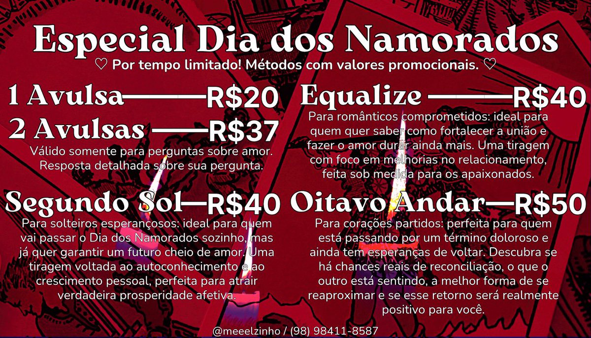 meeelzinho's tweet photo. 🔮 Consultas de Tarot 🔮

Promoção de Dia dos Namorados! 

Estudo o tarô desde 2018, sempre aprimorando meus estudos e práticas. Tenho mais de 3k de atendimentos.

Consulte-se aqui: 🔗 https://t.co/OJSvuZDPvI
Caso o link não funcione, o número é (98) 98411-8587

Feedbacks abaixo. https://t.co/zguAMr1bwI