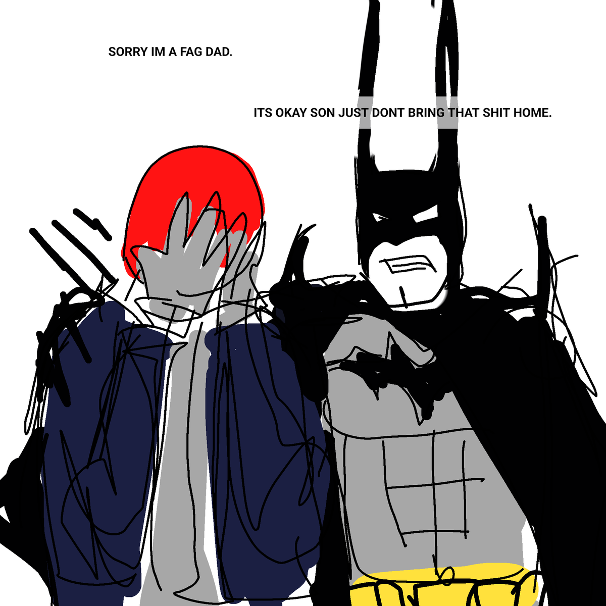 fellaorg's tweet photo. Homophobic Batman comforts son. https://t.co/TAAgyWb4px