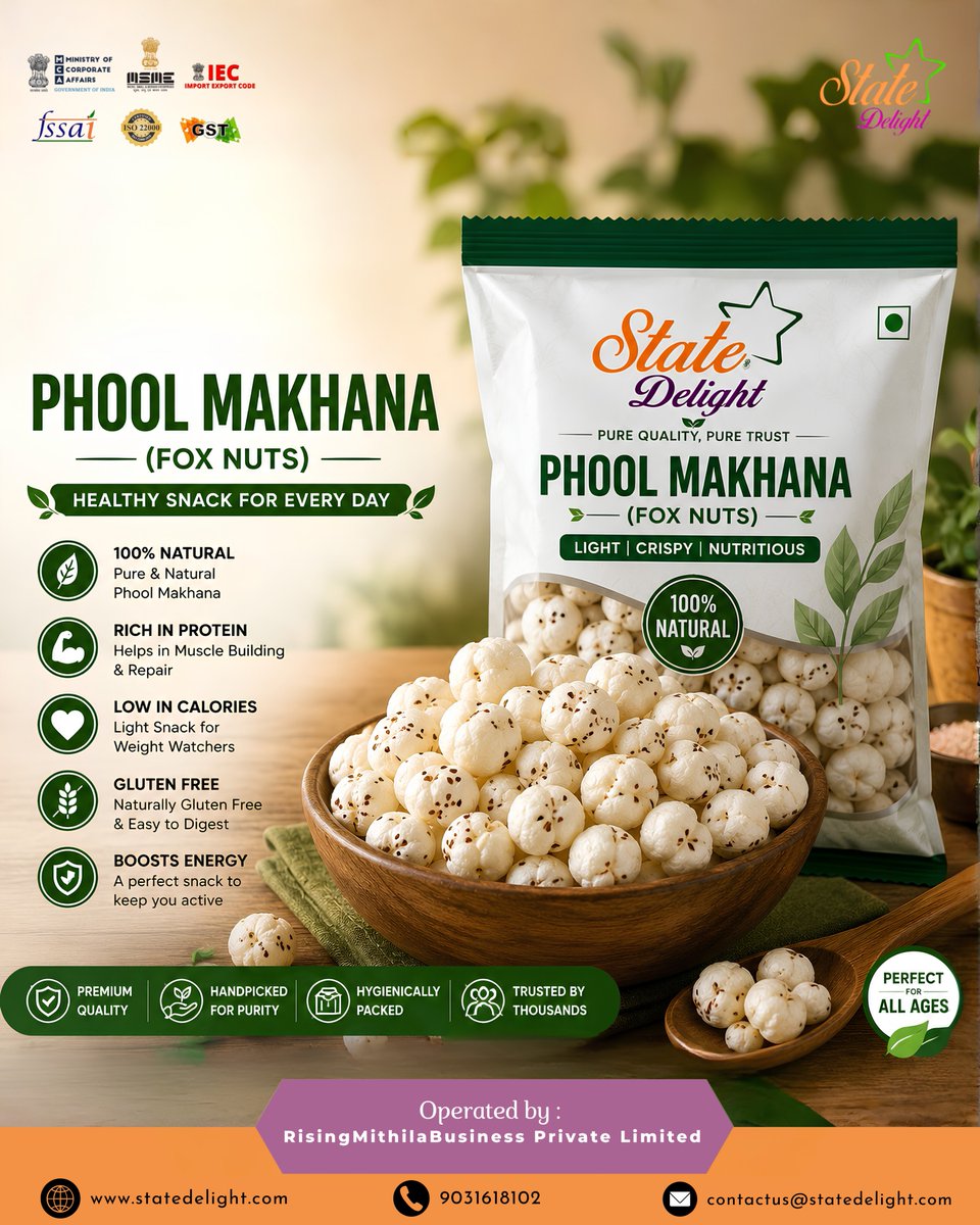 state_delight's tweet photo. ✨ Healthy Snacking Starts Here! ✨
Light, crunchy, and packed with goodness — State Delight Phool Makhana is the perfect snack for every moment of your day.
💚 100% Natural
💪 Rich in Protein
🌾 Gluten Free
⚡ Energy Boosting Snack
#StateDelight #PhoolMakhana #FoxNuts https://t.co/mwavdtkvNo