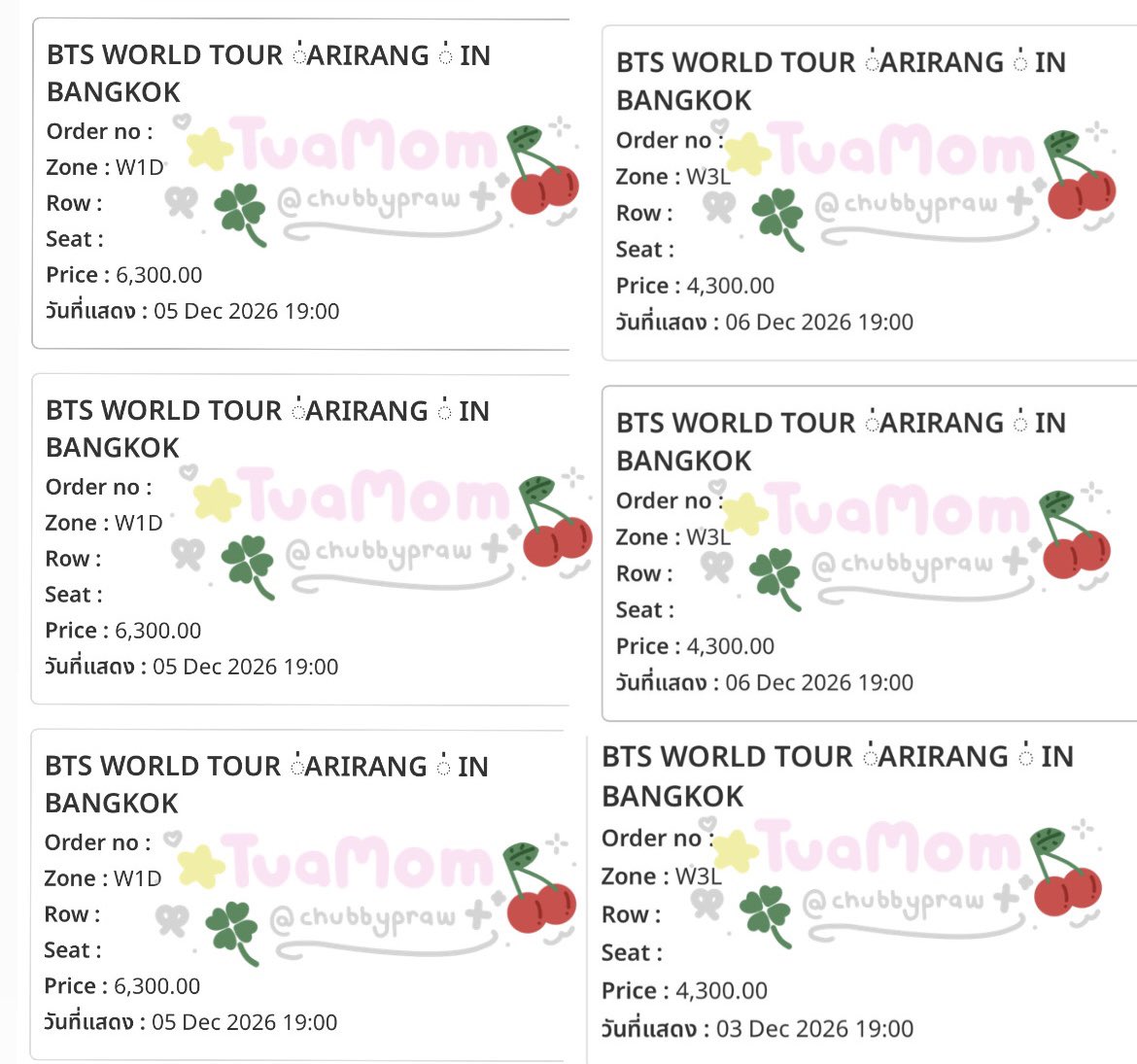 chubbypraw's tweet photo. 💜รีวิวคอน BTS💜

-ทั้งหมด 6 ใบ-

• โซน 6300 = 3 ใบติด
• โซน 4300 = 2 ใบติด
• โซน 4300 = 1 ใบ

ขอโทษลูกค้าบางส่วนที่ไม่ได้บัตรด้วยนะค้างานหินมากก ขอบคุณลูกค้าที่ใช้บริการร้านเรานะคะ💖🌷

#ตัวมัมกดบัตร #preamwangรีวิว
#BTS_WORLDTOUR_BANGKOK
#ARIRANGINBANGKOK https://t.co/FOIF6Sm4nH