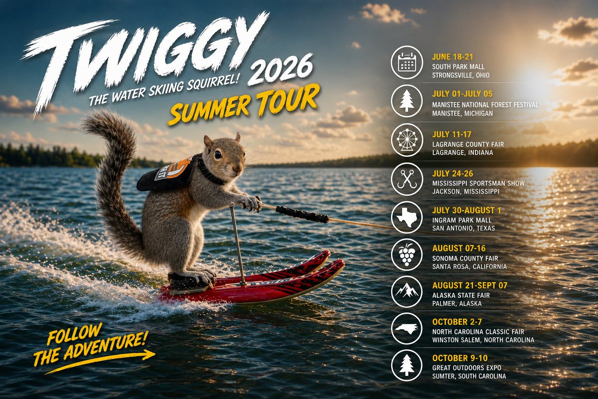 TwiggyArmy's tweet photo. How many AI animals have you watched appear out of nowhere and disappear just as fast? 😔

If you're tired of looking for the next Doge or the next big meme... 👀 

Check out a real water-skiing squirrel with 47 years of history, 500+ live shows, a positive safety message, and a summer schedule packed with live performances.

$TWIGGY