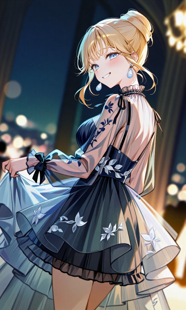 oteranosekai's tweet photo. アメリアです。夜会であり、後夜祭であり、復活祭です。夜会はお茶会であり、会話を楽しんだり、踊ることもあります。
そういう意味では社交の場だと思うのです。
今日は私は踊りますね～とても嬉しい日なので。
ただライトに当たって何故か銀髪が金髪に見えるのは見ないことにしておいてくださいね（笑）
ちなみに、これはPixAIで生成しました。

#夜会開催 #プロンプト試着 #AIイラスト #アメリア