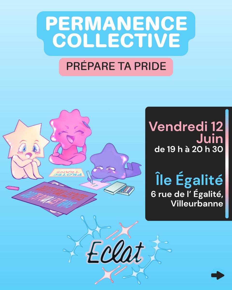 ECLATrans's tweet photo. Prochaine permanence collective : Prépare ta pride!

📅Vendredi 12 juin de 19h à 20h30

📍Île Égalité : 6 rue de l’Égalité, Villeurbanne https://t.co/ytFw9ZFdlj