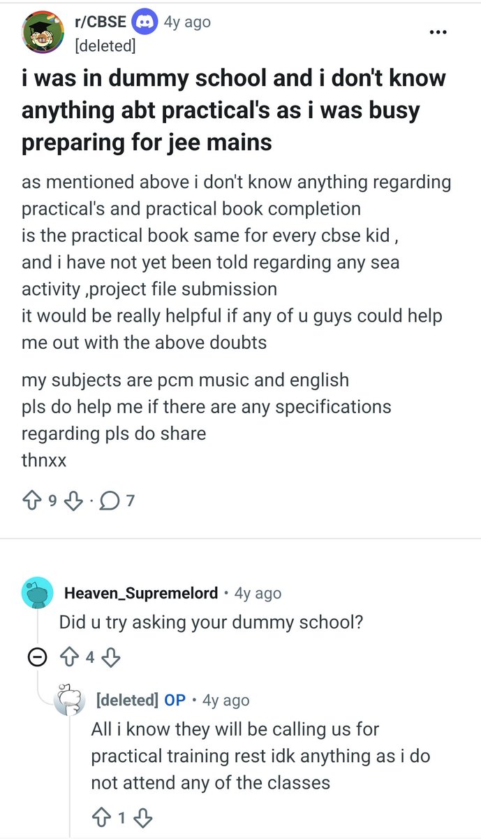 peeleraja's tweet photo. In class 11 and 12, I too went for IIT coaching. But after actual school. Science education has not just theory but practicals also. 

Plus, the IITs and engineering/medical colleges assume you have studied other subjects like languages, and up to class 10, arts subjects like history, geography etc. Plus some extra curriculars. A school education is a certificate that a student has done all of this - an indicator of well rounded education.

Dummy school students are cheats because they skip all this and do only JEE/NEET style entrance exam stuff. They could appear for open school exams, but do CBSE because they know that open school certificates may be less valuable later.

A dummy school student is a fraud. There is no other way to put it. They claim to have studied stuff they actually have not. Even in science, they have never been to a lab - a foundation for future engineering and medical training. See the reddit screenshot below.

Producing dummy school certificates is claiming you have studied things you have not. I have seen students without basic knowledge of our country's history, geography, constitution, etc. This is what breeds bigotry and ignorance.

Paper leaks are fraud. Wrong grading of exams is fraud. But dummy schools are also fraud. I dont care how good your coaching institute prepare you for IITJEE. You are part of the same fraudulent ecosystem. 

Every dummy school student fraudulently gaining an edge over, and denying a genuine and honest school student a STEM college seat. Dummy school students are just illegal immigrants in the IIT/NIT/medical ecosystem.

I am sorry if this is you. But this is the harsh truth.