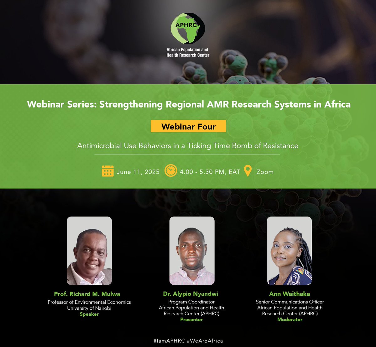 aphrc's tweet photo. 💊 Why do people use antimicrobials in ways that accelerate resistance?

In the fourth session of the “Strengthening Regional AMR Research Systems in Africa” webinar series, we explore antimicrobial-use behaviors in a ticking time bomb of resistance.

Featuring Prof. Richard Mulwa, Professor of Environmental Economics, at the @uonbi , the session will interrogate behavioral factors influencing antimicrobial use and their implications for stewardship, policy, and the fight against antimicrobial resistance in Africa.

Join us on Thursday, June 11, at 4:00 PM, EAT.

Register here: https://t.co/GtcgmEWS8N

#IamAPHRC #APHRCResearch  #WeAreAfrica #AMR

@nalypio @Waithaka_KE @CKyobutungi @GichuruJw @amveyange @KarimiFlorah @gaellocam @cmasembe10 @DMdiarafa @RatemoJuliet @williamsila @deborahndlovu @ndonyesarah  @njerimbuthia