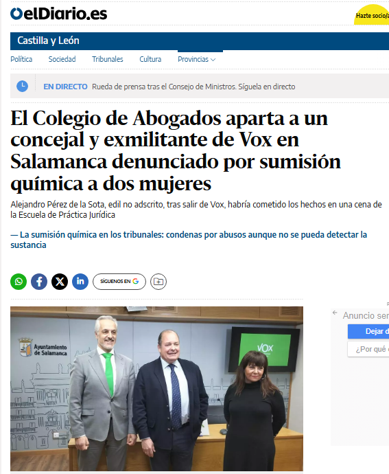 JulianMaciasT's tweet photo. Apartado del Colegio de Abogados al que pertenecía un concejal exmilitante de VOX al ser denunciado por sumisión química a dos mujeres.
https://t.co/n1H1UkabkT https://t.co/AfdAbXKpZl