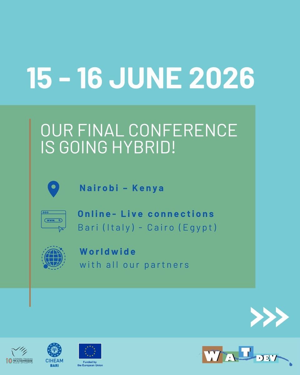 WatDev1's tweet photo. The Ebola emergency won't stop the #WATDEV dialogue! 🌍 

Our final conference is going hybrid: join us in Nairobi – Kenya - and online, with live connections from Bari (Italy), Cairo (Egypt), and all our partners worldwide.

See you there! 🔗🌱 https://t.co/Q7sRusy5Kb