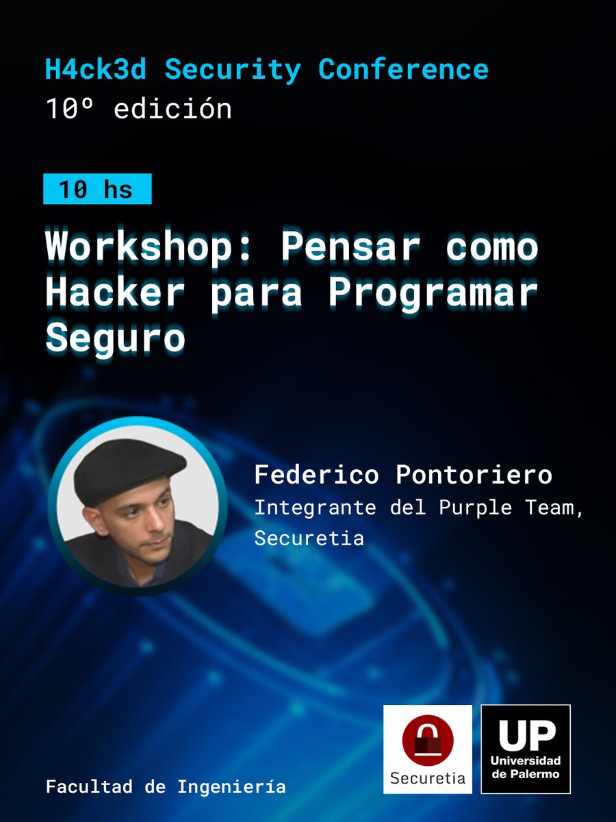 securetia's tweet photo. El atacante ya está pensando en tu código. ¿Vos también? 🔥💻

¡Llega un workshop imperdible a h4ck3d! Nos da un orgullo enorme presentar a @FedericoPontoriero, parte de nuestro equipo en Securetia. 🧠🛡️

En "Pensar como Hacker para Programar Seguro", Fede te va a mostrar con ejemplos reales cómo meter seguridad en tus desarrollos sin frenar la velocidad del equipo. Ideal para devs, estudiantes y profesionales que quieren dominar las buenas prácticas del DevSecOps. 🚀

Te esperamos junto a la @UniversidaddePalermo. ¡El futuro del software se escribe seguro!
🎟️ Cupos limitados. Reservá tu lugar gratis 👉https://t.co/fslEY1Q1rO.

#h4ck3d #DevSecOps #SecureCoding #PurpleTeam #Ciberseguridad #UniversidadDePalermo #Securetia"