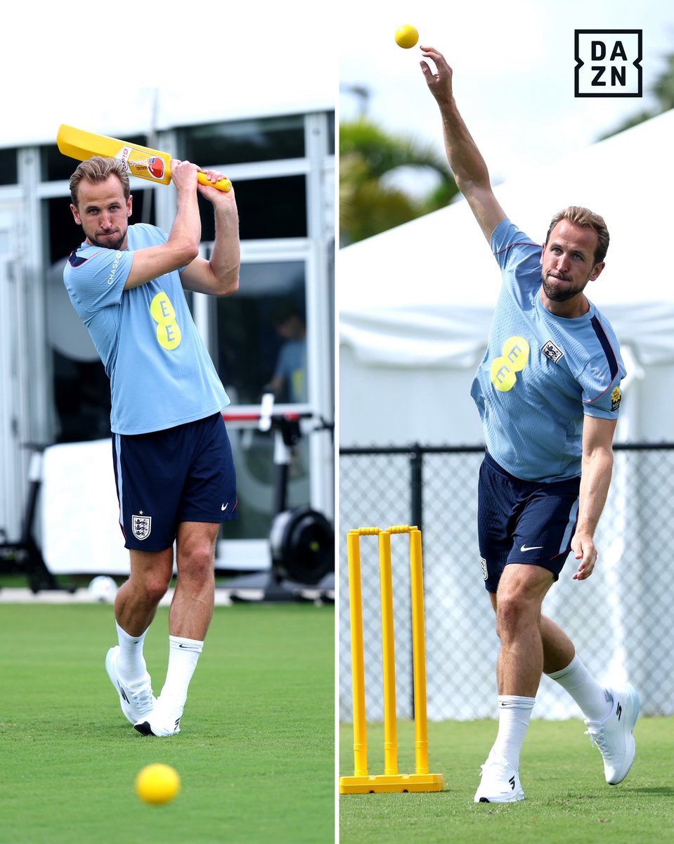 DAZNFootball's tweet photo. The football can wait… cricket has taken over England training 🏏🔥

#FIFAWorldCup | #WorldCup https://t.co/e4MrdtCqAa