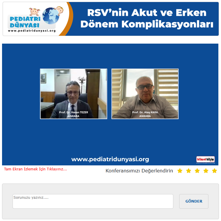 cevik_ibrahim's tweet photo. PEDİATRİ DÜNYASI (https://t.co/Gb5hgqfTpZ)’nda “RSV’nin AKUT ve ERKEN DÖNEM KOMPLİKASYONLARI” Canlı Konseyini gerçekleştirdik.
 
Moderatörümüz Prof. Dr. Ateş KARA ve konuşmacımız Prof. Dr. Hasan TEZER’in Ankara’dan online olarak kendi bilgisayarları ile yazılımı ve tasarımı tamamıyla Bilimsel Bilişim tarafından geliştirilen BİLİMSEL BİLİŞİM CANLI KONSEY MODÜLÜ’ne bağlanarak gerçekleştirdikleri konseyimizde sunumun ardından katılımcılarımızdan gelen sorular da yanıtlandı.

Bu interaktif program için Prof. Dr. Ateş KARA ve Prof. Dr. Hasan TEZER ile tüm PEDİATRİ DÜNYASI üyelerine çok teşekkür ederiz.
 
Bu Canlı Konseyin video kaydı-slaytları çok yakında PEDİATRİ DÜNYASI, ONLINE TV-SUNU MERKEZİ’nde olacak.
https://t.co/wpxPKnhdyI