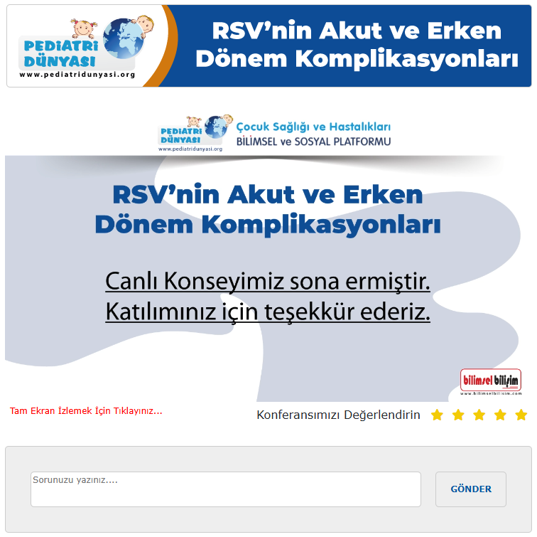 cevik_ibrahim's tweet photo. PEDİATRİ DÜNYASI (https://t.co/Gb5hgqfTpZ)’nda “RSV’nin AKUT ve ERKEN DÖNEM KOMPLİKASYONLARI” Canlı Konseyini gerçekleştirdik.
 
Moderatörümüz Prof. Dr. Ateş KARA ve konuşmacımız Prof. Dr. Hasan TEZER’in Ankara’dan online olarak kendi bilgisayarları ile yazılımı ve tasarımı tamamıyla Bilimsel Bilişim tarafından geliştirilen BİLİMSEL BİLİŞİM CANLI KONSEY MODÜLÜ’ne bağlanarak gerçekleştirdikleri konseyimizde sunumun ardından katılımcılarımızdan gelen sorular da yanıtlandı.

Bu interaktif program için Prof. Dr. Ateş KARA ve Prof. Dr. Hasan TEZER ile tüm PEDİATRİ DÜNYASI üyelerine çok teşekkür ederiz.
 
Bu Canlı Konseyin video kaydı-slaytları çok yakında PEDİATRİ DÜNYASI, ONLINE TV-SUNU MERKEZİ’nde olacak.
https://t.co/wpxPKnhdyI
