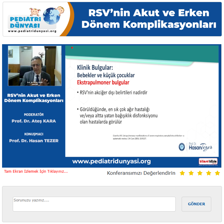 cevik_ibrahim's tweet photo. PEDİATRİ DÜNYASI (https://t.co/Gb5hgqfTpZ)’nda “RSV’nin AKUT ve ERKEN DÖNEM KOMPLİKASYONLARI” Canlı Konseyini gerçekleştirdik.
 
Moderatörümüz Prof. Dr. Ateş KARA ve konuşmacımız Prof. Dr. Hasan TEZER’in Ankara’dan online olarak kendi bilgisayarları ile yazılımı ve tasarımı tamamıyla Bilimsel Bilişim tarafından geliştirilen BİLİMSEL BİLİŞİM CANLI KONSEY MODÜLÜ’ne bağlanarak gerçekleştirdikleri konseyimizde sunumun ardından katılımcılarımızdan gelen sorular da yanıtlandı.

Bu interaktif program için Prof. Dr. Ateş KARA ve Prof. Dr. Hasan TEZER ile tüm PEDİATRİ DÜNYASI üyelerine çok teşekkür ederiz.
 
Bu Canlı Konseyin video kaydı-slaytları çok yakında PEDİATRİ DÜNYASI, ONLINE TV-SUNU MERKEZİ’nde olacak.
https://t.co/wpxPKnhdyI