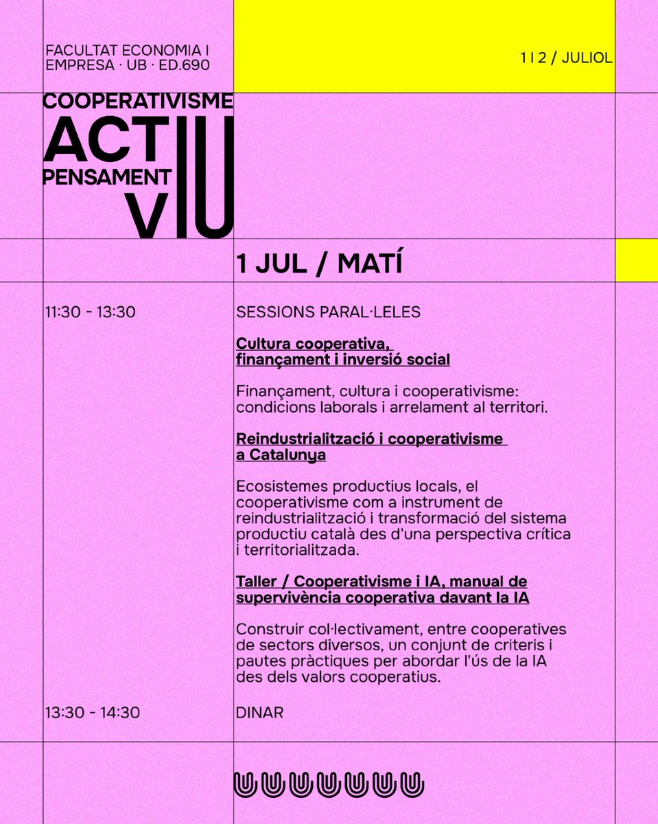 CooperativesCAT's tweet photo. S’apropa la UESCOOP 2026!

El matí de l’1 de juliol donarà el tret de sortida a dues jornades plenes d'aprenentatge, inspiració i cooperació. Descobreix les sessions, ponències i espais de trobada que hem preparat per començar aquesta edició amb força.

🎟️ Inscriu-te a https://t.co/scIlDIyUHF abans del 20 de juny

#UESCOOP2026 #Cooperativisme
