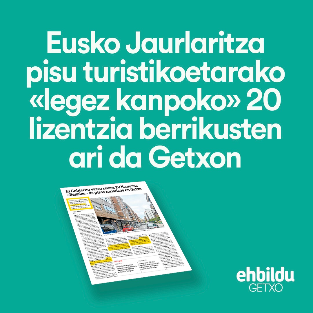 GetxokoEHBildu's tweet photo. Eusko Jaurlaritza Getxoko pisu turistikoetarako "legez kanpoko" 20 lizentzia aztertzen ari da Ehbildutik egindako jarraipen eta salaketaren ondorioz.

#Getxo #Ehbildu #pisuturistikoak #etxebizitzaeskubidea

elcorreon argitaratutakoa: https://t.co/q8M1YpH6UQ… https://t.co/k83y9cCiQG
