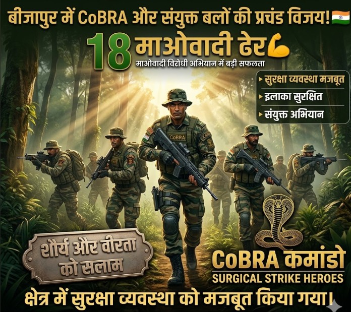 Tejaskria's tweet photo. @gpsinghips बीजापुर, छत्तीसगढ़ में CoBRA कमांडो और सुरक्षा बलों के संयुक्त अभियान में माओवादी विरोधी कार्रवाई के दौरान बड़ी सफलता मिली, जिसमें 18 माओवादी मारे गए और क्षेत्र में सुरक्षा व्यवस्था को मजबूत किया गया। 🇮🇳💪 https://t.co/TDdYW5Yvhj