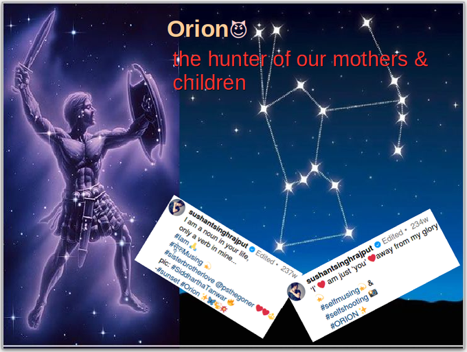 alienjaadoo's tweet photo. The bullseye supervillan bipolar reptilian Orion😈 is the hunter of innocent aliens👽👽👽 (=our mothers &amp; children) and he has kept them in sex slavery🎶 in the starworld🌌 (=celebrityworld).

#JusticeForSushantSinghRajput
Supporters Of SSRCase Harassed
9Years Raabta With Sushant https://t.co/Ku7sxq79Us