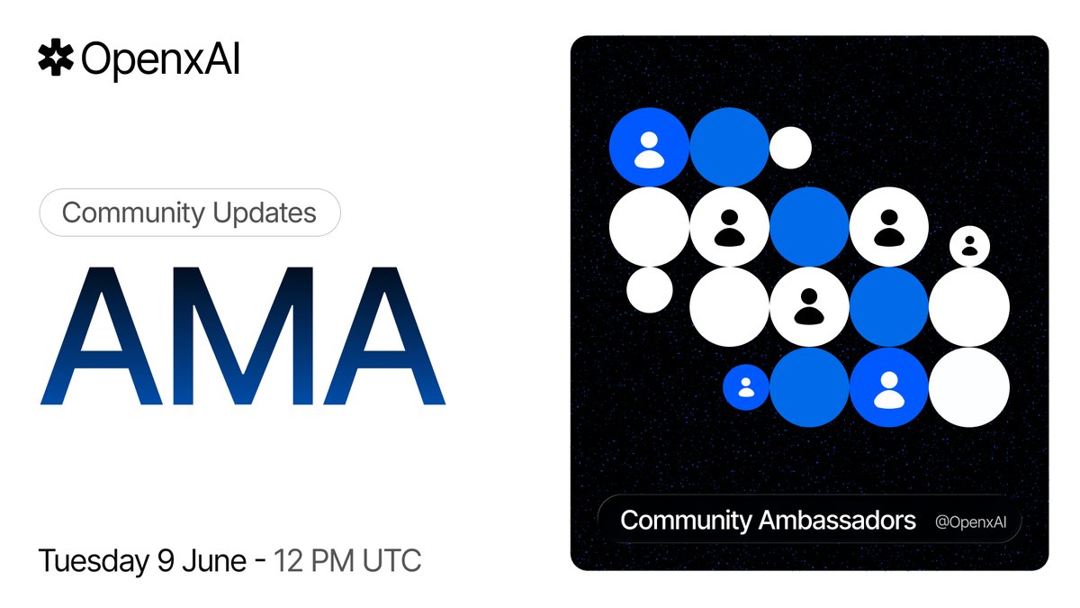 OpenxAINetwork's tweet photo. OpenxAI Weekly AMA | Today at 12 PM UTC

Join our community and ambassador team to hear about the latest developments and updates.

We’ll be sharing updates on the community portal, discussing how to protect yourself from scams, and giving you the space to get your questions answered live.

Join: https://t.co/iGGKHetBOO