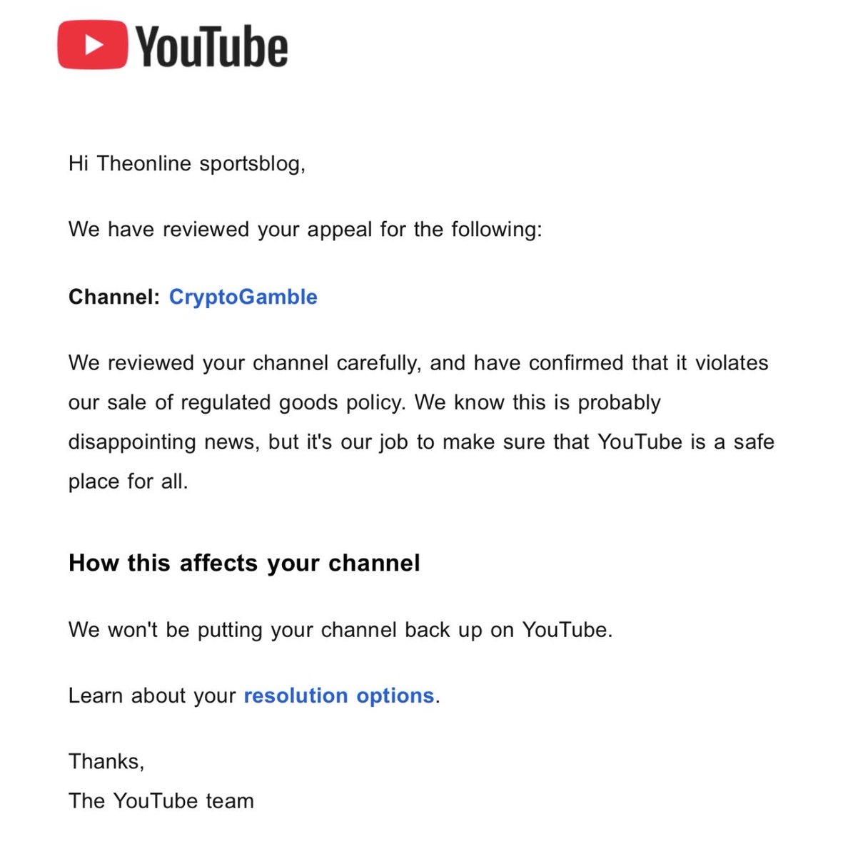 CryptoGambleCom's tweet photo. @TeamYouTube terminated our channel today under their gambling policy. A year of guides and video reviews, gone in one email.

No drama about it. Their platform, their rules. But here's the reality of this niche: it doesn't matter how careful or how educational you are, anything touching crypto casinos is treated as high-risk by default. Platforms can pull the plug overnight, and they do.

This is the 2nd time it's happened to us. Search in 2023, now this. It's exactly why we built CryptoGamble on things we actually own. The reviews, the testing data, the trust work, none of it depends on a platform's permission.

The video content moves to our own site and here on X. Platforms can revoke reach. They can't revoke what you own.

We will keep creating video content.