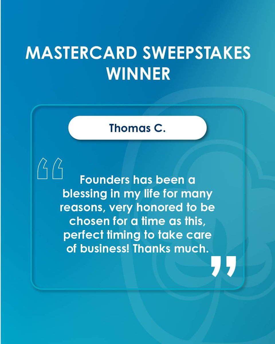 foundersfcu's tweet photo. We are excited to give back $168,000 to 130 winners though our Mastercard® Sweepstakes - turning ordinary purchases into unforgettable surprises. Congrats, Thomas - one of our First Prize winners! https://t.co/qBT3DaD9L8