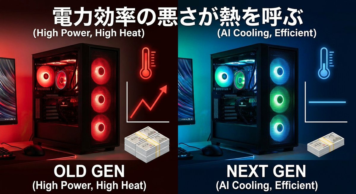 smolabPC's tweet photo. 【ゲーミングPCユーザー全般の方へ】  
「高性能なら電気代は仕方ない」は半分正解。残り半分は次世代CPU/GPUの省エネ設計が天敵です。ゲーム起動後に急に重くなったり、プレイ中にフリーズしたり、実は電力効率の悪さが熱を呼び込んでカクつきを増やしてます。最新チップは旧型比で消費電力を3割近く抑えつつ同じフレームを保てるケースが増えてて、夏場の電気代も目に見えて変わるはず。冷却AI制御が入ったモデルを選ぶと、負荷がかかっても無駄に回りすぎず安定しやすいですよ。