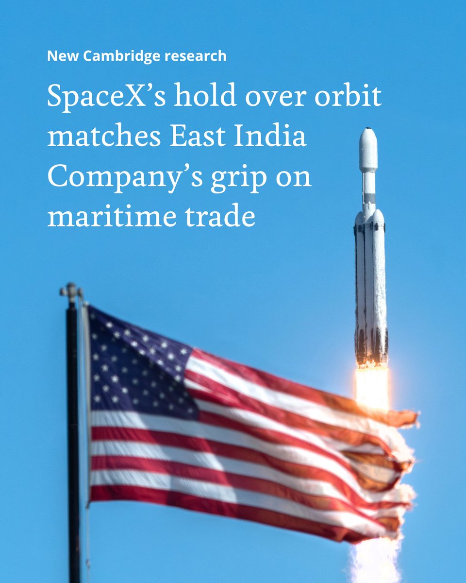 A SpaceX Falcon Heavy rocket launching into a clear blue sky with the United States of America flag prominently in the foreground. A text overlay reads: "SpaceX’s hold over orbit matches East India Company’s grip on maritime trade".