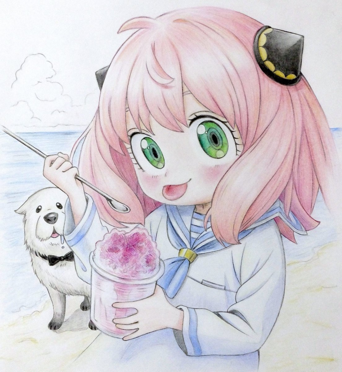 catmap00neco's tweet photo. #アーニャ
#SPY_FAMILY
#スパイファミリー
#模写アレンジ
#色鉛筆イラスト

夏アーニャ🍧✨
あとは背景とハイライト+仕上げ
完成が見えてきました https://t.co/9euZPjW4qn