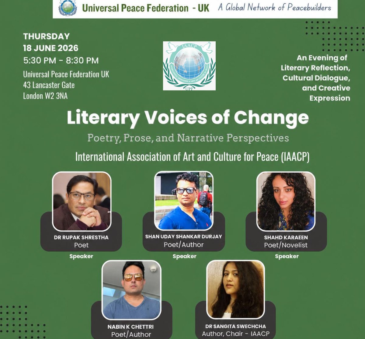 ukUPF's tweet photo. Literary Voices of Change - an evening of poetry, prose, book launches, cultural dialogue &amp; storytelling as a force for positive change.

📅 18 June 2026 | 5:30 pm Universal Peace Federation UK 

Register: https://t.co/CI0ffkChDw
#LiteraryVoicesOfChange #CultureForPeace #IAACP https://t.co/xCyQnemsfL