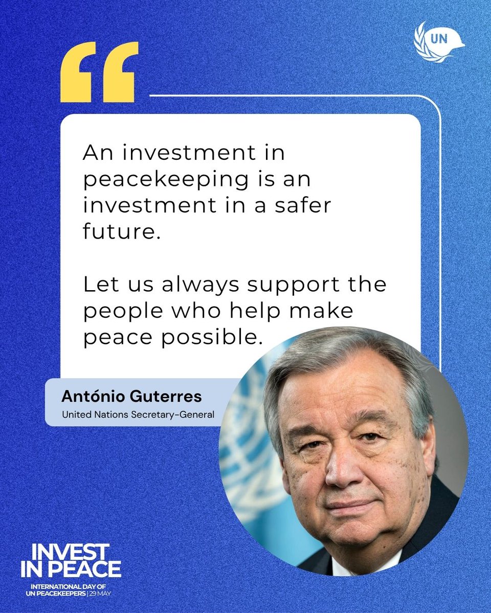 UNPeacekeeping's tweet photo. Peacekeeping is a proven &amp; cost-effective way to restore stability &amp; hope but it requires political backing and reliable financial support.

#InvestInPeace calls for decisive action to ensure @UN peacekeepers have the resources to carry out their vital mandates.

@antonioguterres https://t.co/RO6oWRZWgG