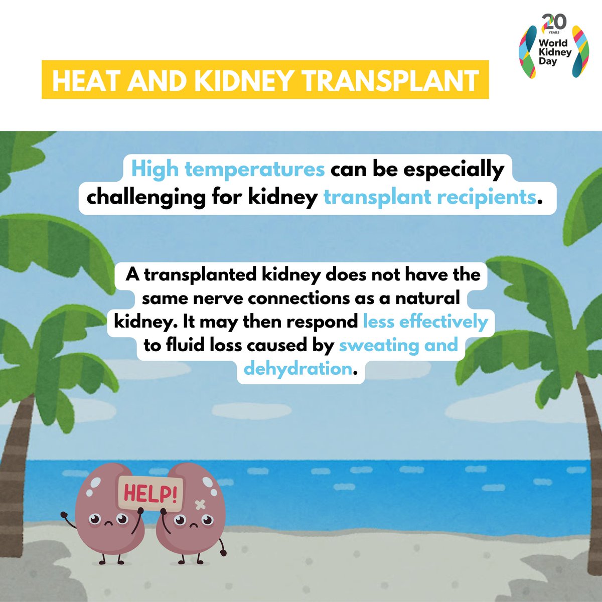 worldkidneyday's tweet photo. Heat and dehydration can affect kidney transplant recipients more quickly, making hydration and heat protection essential during warmer days. Remember to drink fluids regularly, seek shade, and avoid prolonged exposure to high temperatures to help support kidney health.

Learn more: https://t.co/Dr72On9jAO

#WorldKidneyDay #OurKidneysOurPlanet #KidneyHealthForAll