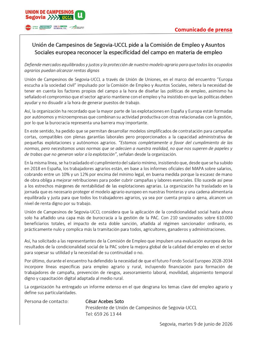 UCSEGOVIA's tweet photo. UCCL-Segovia pide a la Comisión de Empleo y Asuntos Sociales europea reconocer la especificidad del campo en materia de empleo. Defiende mercados equilibrados y la protección de nuestro modelo agrario para que los ocupados agrarios alcancen rentas dignas
https://t.co/n1He5g8Cvp https://t.co/jP4zp6cSPA