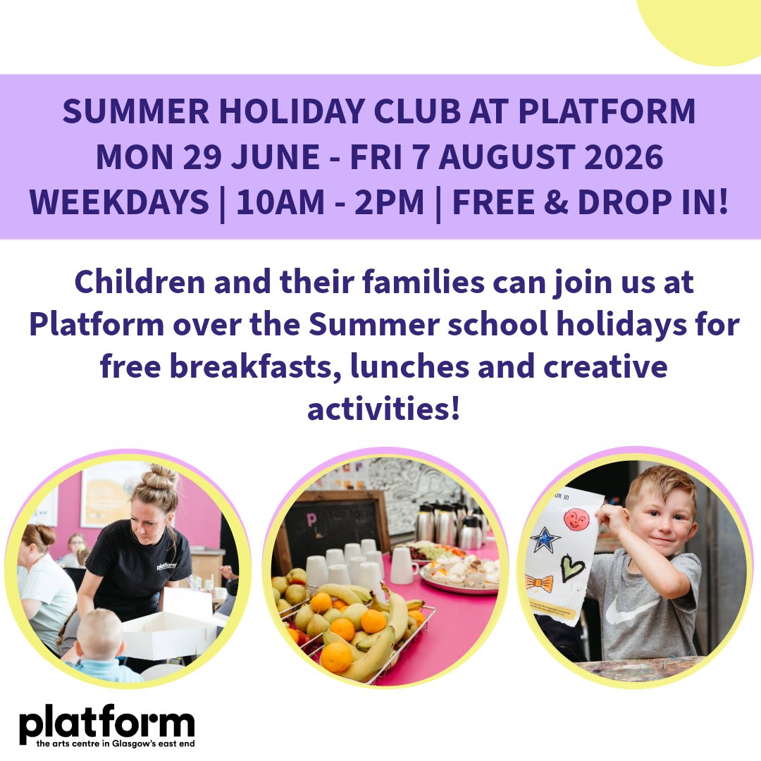 PlatformGlasgow's tweet photo. 😎 Platform's summer holiday club makes a return! Running weekdays from Mon 29 June to Friday 7 Aug2026, 10am - 2pm, children  &amp; families can come along to Platform for free breakfast &amp; lunch. Thank you to Glasgow City Council Children’s Holiday Food and Activity Programme. https://t.co/SOwbZUB0rj
