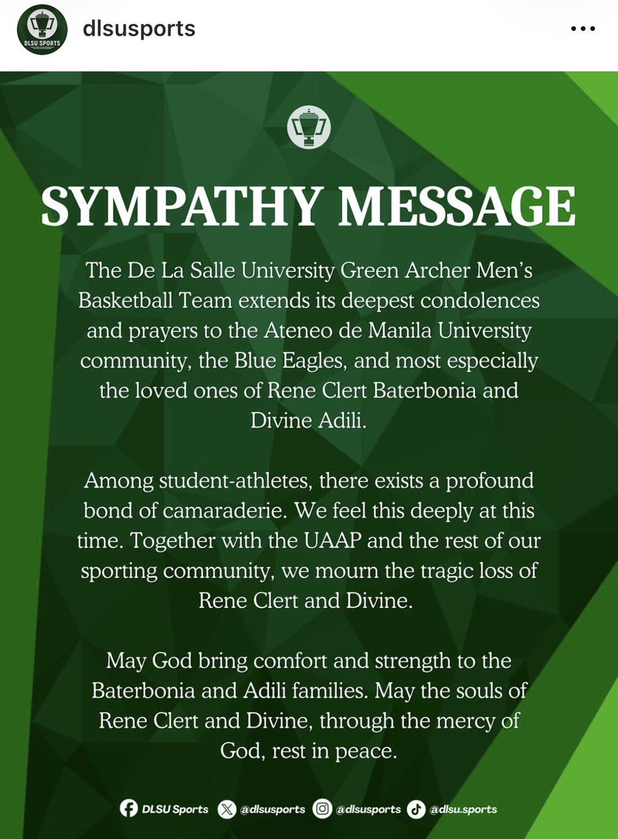 tj_canino's tweet photo. the dlsu green archers mourn with the ateneo community and the families of rene clert baterbonia and divine adili.

💚💙 https://t.co/Q621LIzRzG