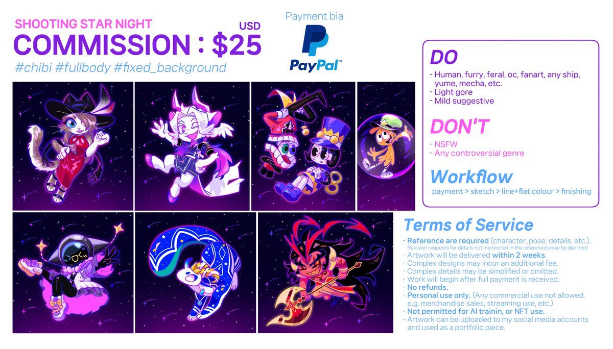 HyunHol0630's tweet photo. 🌠OPEN COMMISSION🌠
[RT and Likes are appreciated💜]

Shooting star background chibi commission open!👏
I can draw pretty much any character, so if you are interested or have any questions, feel free to contact me via DM or on Discord(hyunhol)!

#commissionopen #commission #chibi https://t.co/DJU2lLn32w