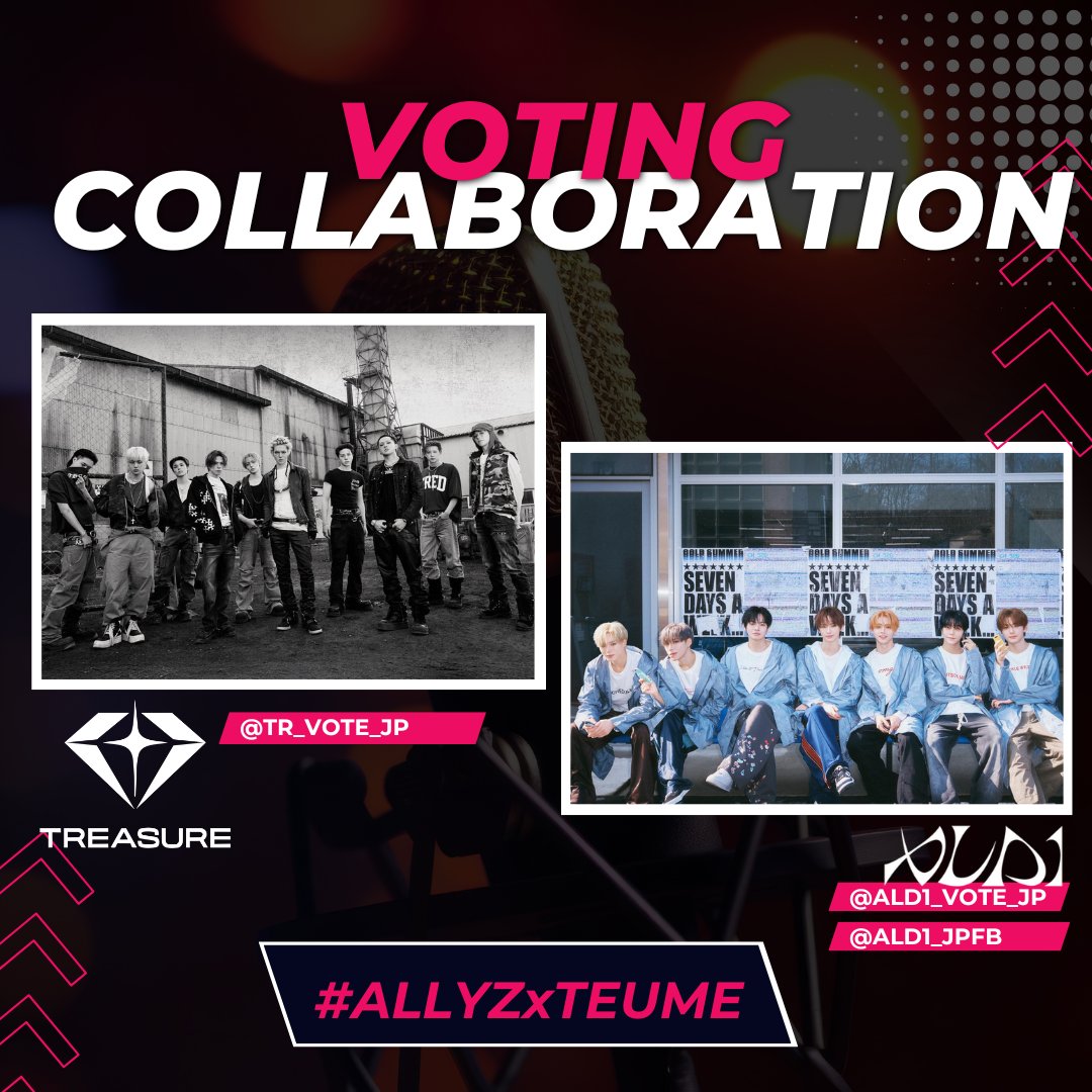 ALD1VOTINGTEAM's tweet photo. [📢] COLLABORATION ANNOUNCEMENT

✨️ ALLYZ X TEUMES ✨️

Please vote for TREASURE in the ongoing M Countdown pre-vote (📆 ~ today, 23:59 KST) and the upcoming MCD live vote on June 11 (ca. 18:10 KST).

📥 Upload your proof here or reach out to us if you vote from multiple accounts! 🔗 : https://t.co/QMVHkvF2rj

⚠️ The proof must contain your voting history and no watermarks or other modifications!

🔄 In return, TEUMES will vote on the MCD pre- and live vote during ALD1's comeback in August! 

#ALPHADRIVEONE #ALD1 
#알파드라이브원 #알디원