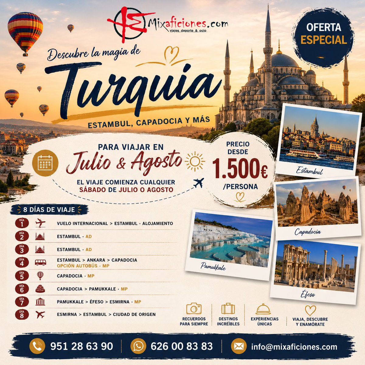 Mixaficiones's tweet photo. 🇹🇷 ¡Turquía te espera este verano!
✨ 8 días recorriendo Estambul, Capadocia, Pamukkale y Éfeso.
📅 Salidas todos los sábados de julio y agosto
💶 Desde 1.500 € por persona
¿Te vienes a descubrir uno de los destinos más fascinantes del momento? ✈️
#Turquia #Capadocia #Estambul https://t.co/fyfffBsX26