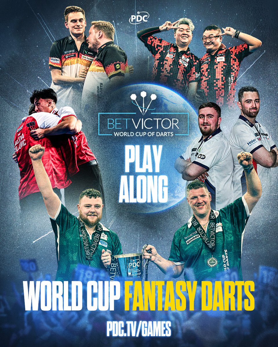 OfficialPDC's tweet photo. FANTASY DARTS IS BACK 🙌

Pick your six nation squad now at 👥 👉 https://t.co/FRCNMEhK1Q 

🥇 Prizes include signed World Cup shirts &amp; sets of player darts from @Winmau https://t.co/TY3SN963SW