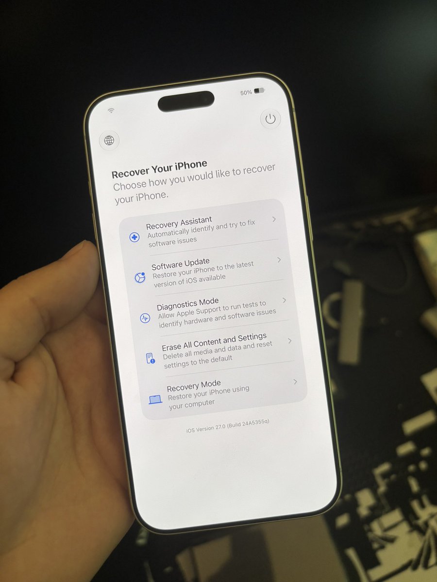 enesnetwork's tweet photo. iOS 27: Holding down the Power-Button to boot your iPhone now provides the option to boot into a new Recovery Menu. https://t.co/ViLeb3xzwh