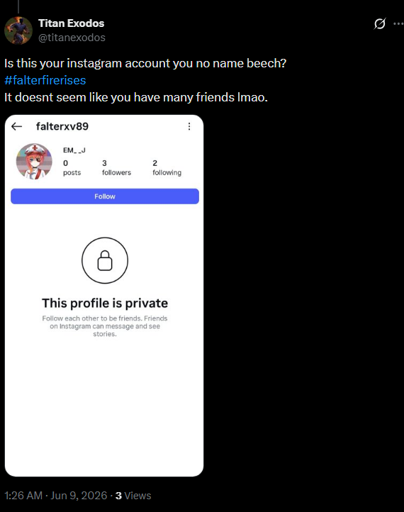 Create_Xiangyu4's tweet photo. @Flip_Uni @TrialMacameau Evidence of TrialMacameau (Patrick) impersonating Falter on instagram. https://t.co/29mT4RNDnV