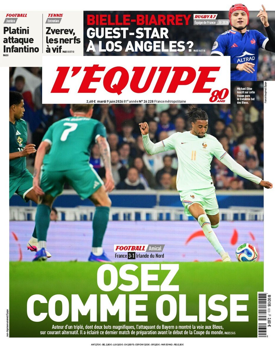 iMiaSanMia's tweet photo. 🗞️ @lequipe dedicated today's cover to Michael Olise with the headline: 'Dare like Olise', and gave him a 8/10 rating for his performance last night https://t.co/pNhU9TYW9o