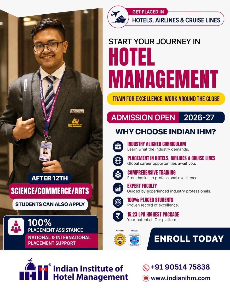 Indianihm's tweet photo. Your dream career in Hotels, Airlines &amp; Cruise Lines starts right here. Indian IHM's Hotel Management programme for 2026–27 is now open for admissions. Train with industry experts, earn a package up to 16.23 LPA, and work around the globe.

#IndianIHM #HotelManagement https://t.co/OX6clfscHV