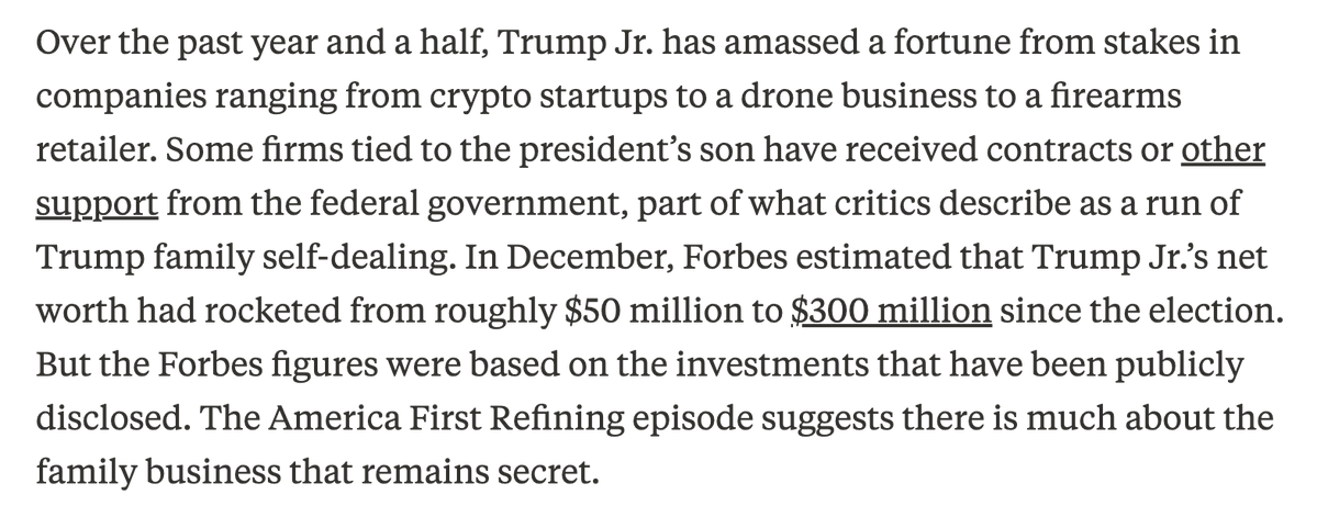eisingerj's tweet photo. NEW: Donald Trump Jr. invests in a co. trying to build an oil refinery in the U.S.

Then the richest man in Asia invests... in the same company.

Then... his co. gets policy concessions from the Trump Admin.

@js_kaplan &amp; @JustinElliott: https://t.co/KT5ARrFLLu