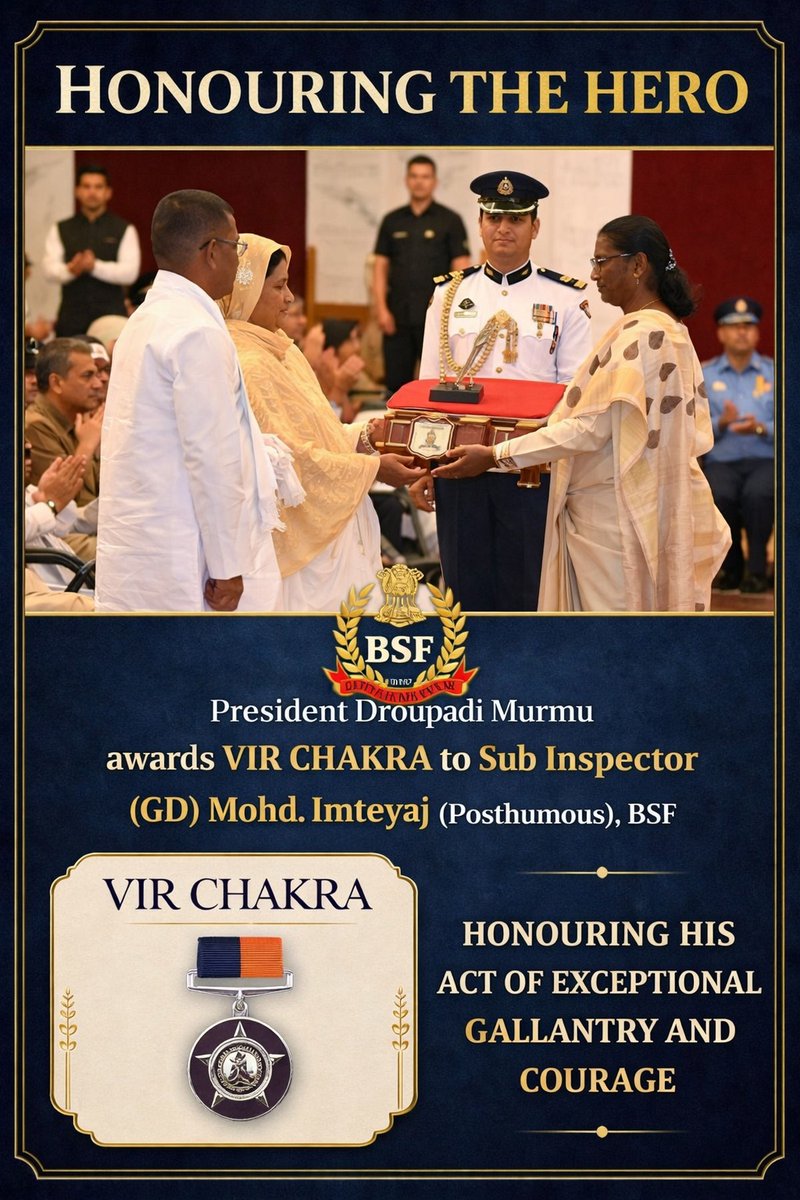 PushpaDevi22's tweet photo. Some heroes never seek recognition, yet their actions inspire a nation.

Saluting SI (GD) Mohd. Imteyaj and Constable (GD) Deepak Chingakham, honored with the Vir Chakra posthumously.

🇮🇳 We remember. We honor. We salute.

#Respect #VirChakra #NationalHeroes #BSF https://t.co/9pIRKmZRy5