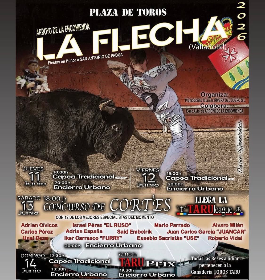 SentirTaurino1's tweet photo. LA FLECHA (VALLADOLID)

_ Jueves 11 de junio:
  . 18h Capea tradicional.
  . 20h Encierro urbano.
- Viernes 12:
  . 18h Capea tradicional.
  . 20h Encierro urbano.
- Sábado 13:
  . 18h Concurso de cortes.
  . 20h Encierro urbano. https://t.co/S3jHJMC0H6