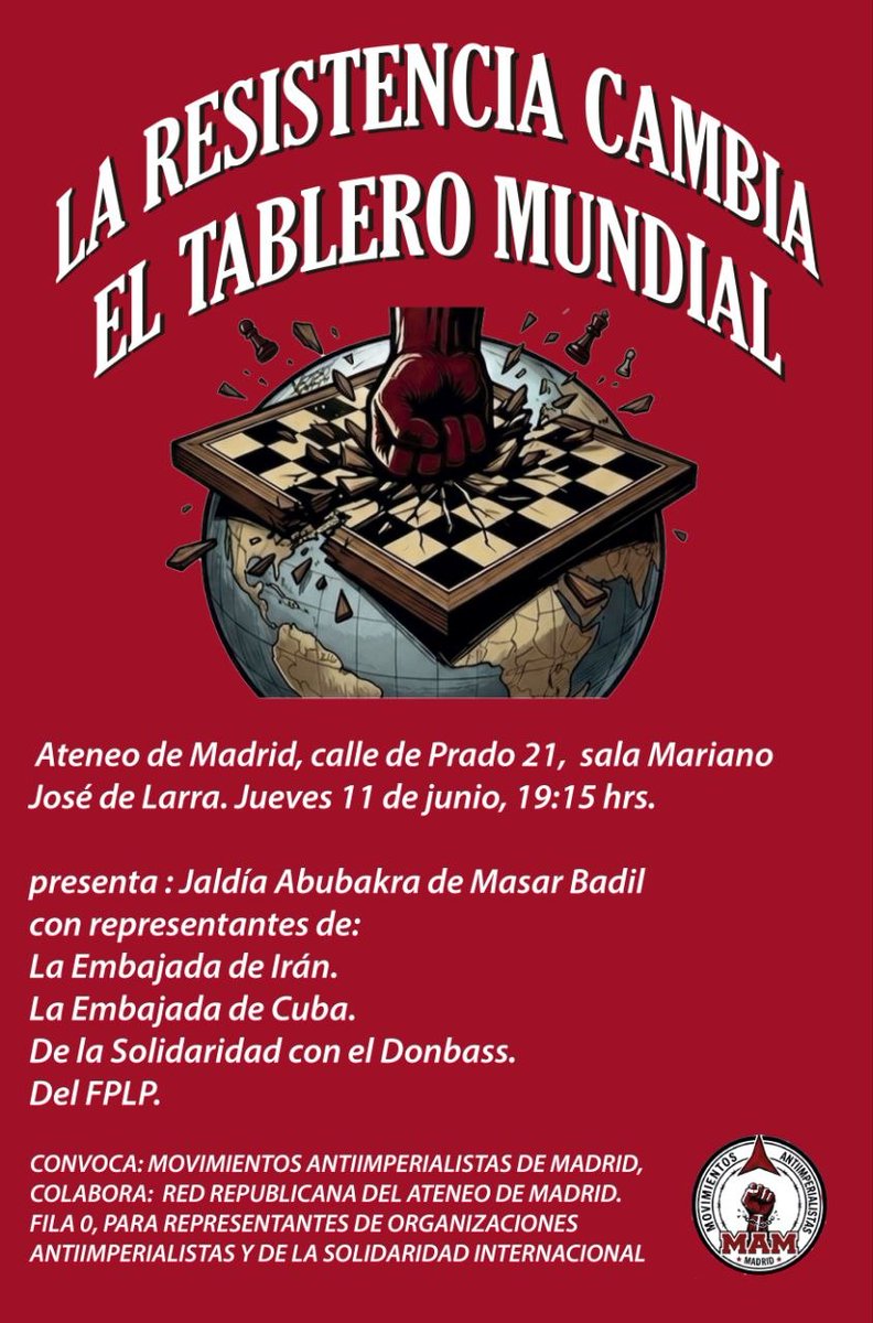 EdurneCesbri's tweet photo. Pasado mañana, 11 jun- presentamos en el Ateneo de Madrid el Manifiesto Fundacional de Movimientos Antiimperialistas de Madrid, sigue cartel 
Acompáñanos; es entrada libre hasta cubrir aforo. Se puntual En este enlace tienes el acceso directo el Manifiesto
https://t.co/btW4zYxa3z https://t.co/ERRTQvg8Ey